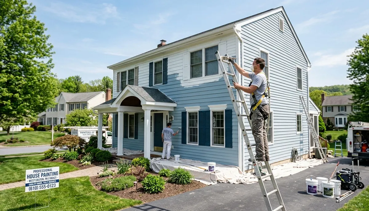 Professional house painters working on residential exterior in Easton, PA